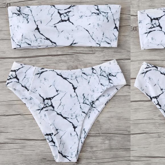 Fierce Broad Other - 🌸 Mid Waist Marble Bandeau Bikini Set